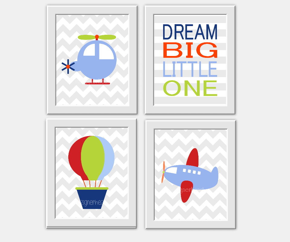 Transportation Baby Boy Nursery Wall Art Plane Helicopter Hot Air Balloon Dream Big Little One Boys Room Wall Art Decor for Baby Boy Blue Green Red 00138