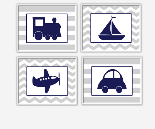 Baby Boy Nursery Wall Art Gray Navy Blue Grey Train Airplane Plane Car Boat Sailboat Chevron Transportation Wall Art for Boys Room Wall Prints for Baby Boy SET OF 4 UNFRAMED PRINTS 00246