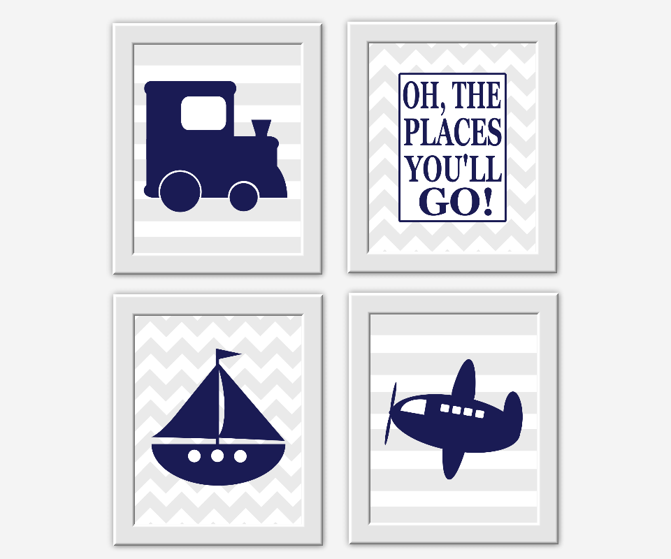 Baby BOY Nursery Wall Art Navy Blue Gray Train Boat Plane Sailboat Airplane Baby Boy Nursery Decor Boy Bedroom Art Oh the Places You'll Go Winnie The Pooh Baby Boy Decor Toddler Room Decor 00564
