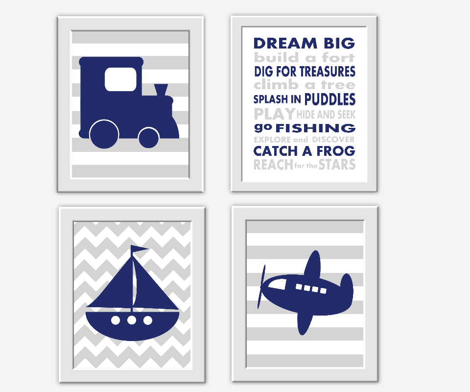 Navy Blue Gray Boy Wall Art Train Boat Sailboat Plane Dream Big Boy Room Wall Decor Baby Nursery Decor Blue Grey Transportation Art Prints 00687