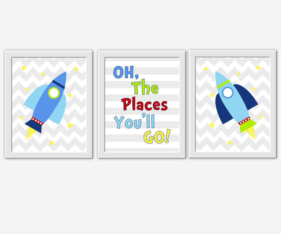 Space Baby Nursery Art Boy Room Wall Decor Rocket Ship Oh The Places You'll Go Dr Seuss Gray Chevron Baby Nursery Decor Toddler Boy Art 00708