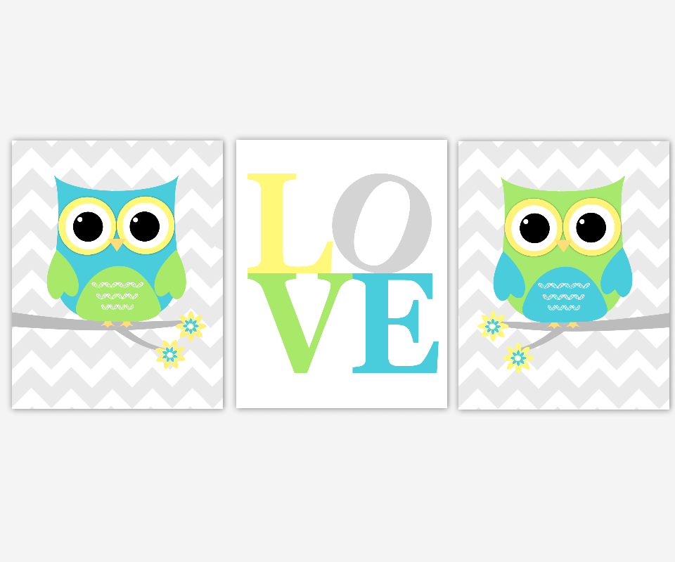 Baby Nursery Art Lime Green Aqua Teal Turquoise Owls Love Baby Boy Girl Bedroom Prints Baby Nursery Decor Set Of 3 Unframed Prints