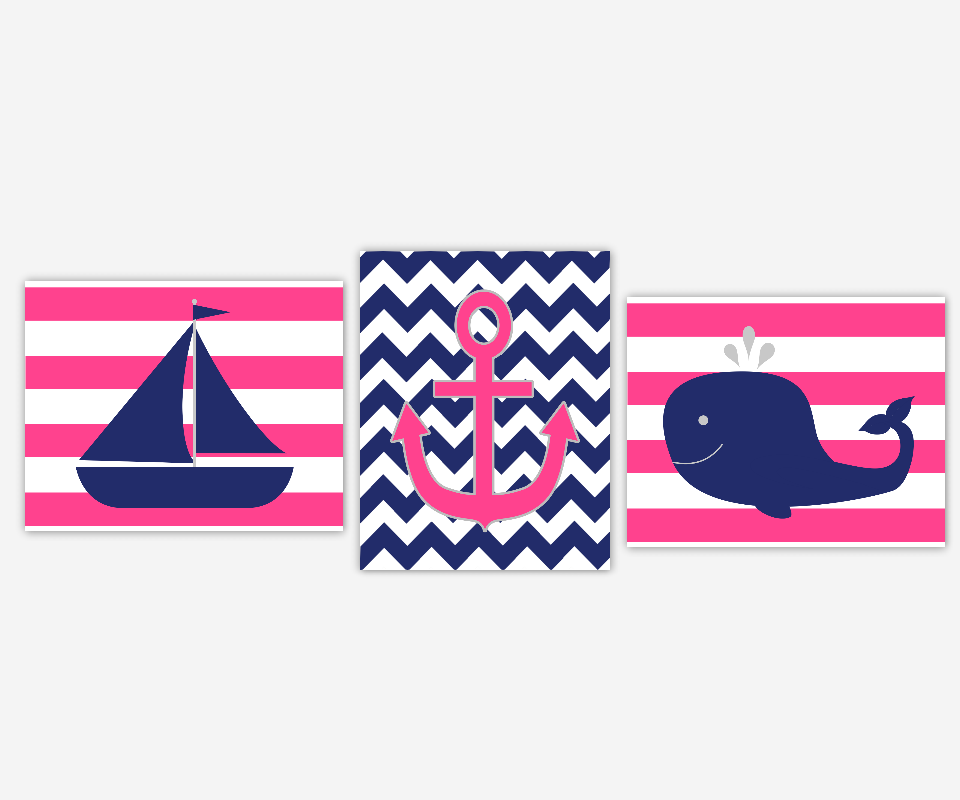 Nautical Girl Nursery Art Hot Pink Navy Blue SaiLboat Boat Anchor Whale Fish Girl Bedroom Prints Bath Baby Nursery Decor SET OF 3 UNFRAMED PRINTS 00805