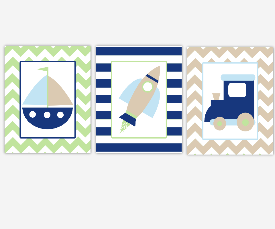 Boy Nursery Wall Art Navy Blue Green Train Sailboat Boat Nautical Dream Big Little One Boy Quotes Chevron Baby Nursery Decor SET OF 3 UNFRAMED PRINTS 00841