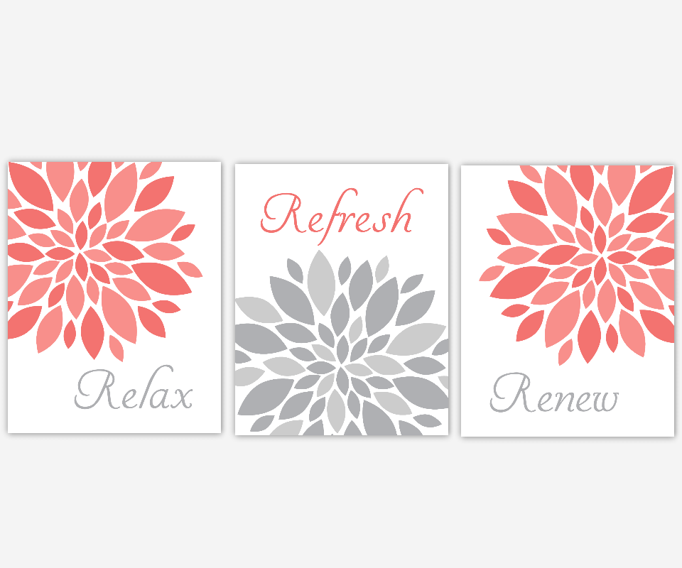 Coral Gray Bath Wall Art Flower Burst Dahlia Mums Modern Floral Decor Relax Refresh Renew Spa Bath Rules SET OF 3 UNFRAMED PRINTS 00903