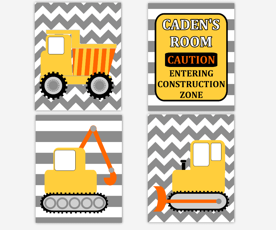 Boy Nursery Wall Art Construction Trucks Personalized Prints Dump Truck Tractor Bulldozer Warning Construction Zone Toddler Boy Room Baby Nursery Decor SET OF 4 UNFRAMED PRINTS 00904