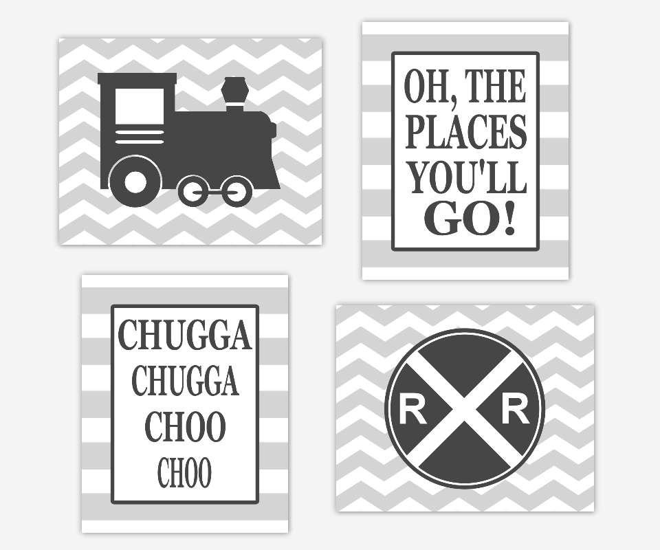 Baby Boy Nursery Art Charcoal Gray Train Railroad Sign Oh The Places You'll Go Toddler Boy Bedroom Baby Nursery Decor Chevron SET OF 4 UNFRAMED PRINTS 00911