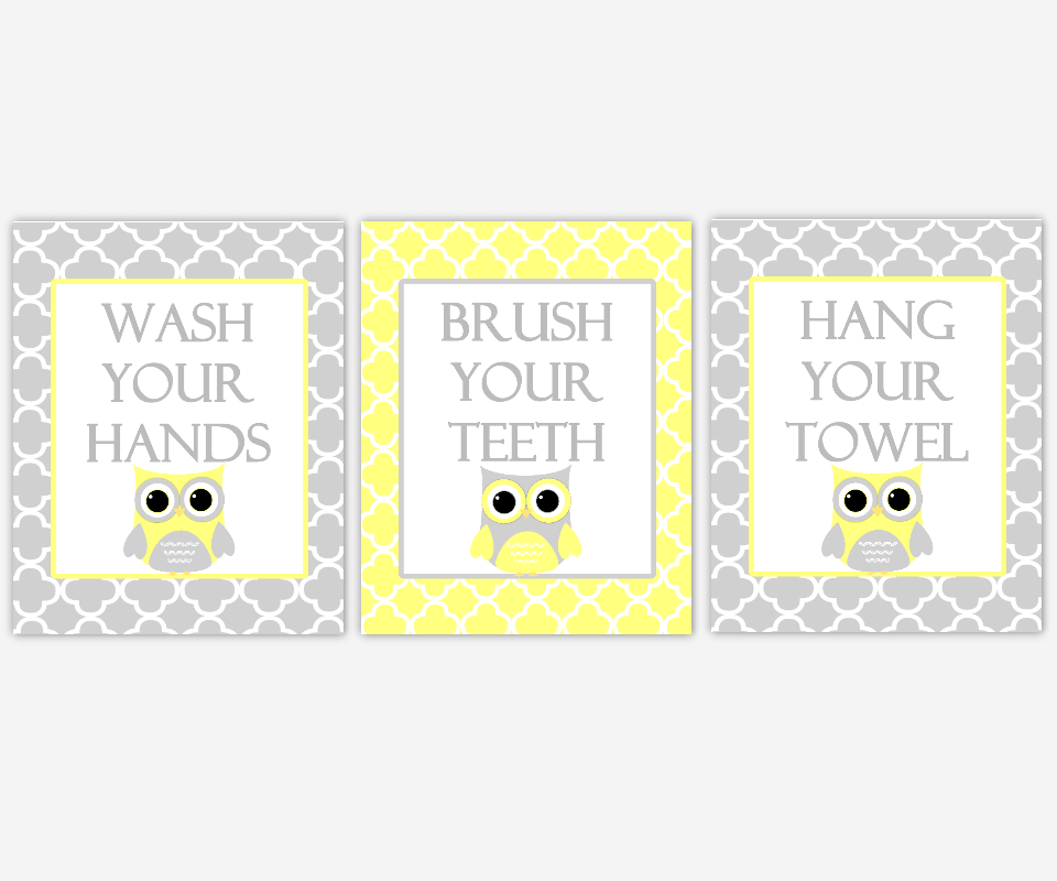 Kids Bath Wall Art Owls Yellow Gray Grey Wash Your Hands Brush Your Teeth Hang Your Towel Children Bathroom Rules SET OF 3 UNFRAMED PRINTS 00955