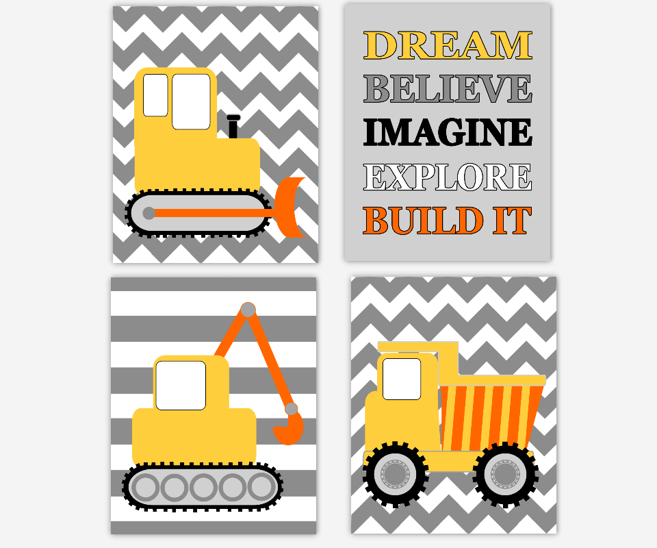 Baby Boy Nursery Wall Art Construction Trucks Yellow Gray Tractor Dump Truck Dream Believe Imagine Explore Build Toddler Boy Bedroom SET OF 4 UNFRAMED PRINTS OR CANVAS 00969
