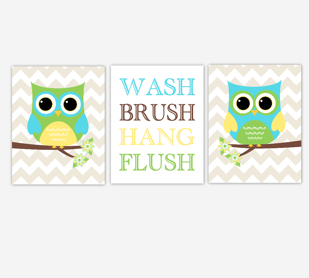 Owl Bath Wall Art Yellow Green Turquoise Teal Blue Kids Bathroom Prints Wash Brush Hang Flush Children Bathroom Rules SET OF 3 UNFRAMED PRINTS 01003