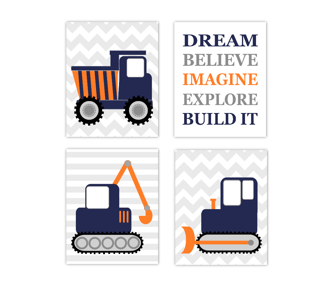 Baby Boy Nursery Art Construction Trucks Navy Blue Orange Tractor Dump Truck Dream Believe Imagine Explore Build Toddler Boy Bedroom SET OF 4 UNFRAMED PRINTS 01215