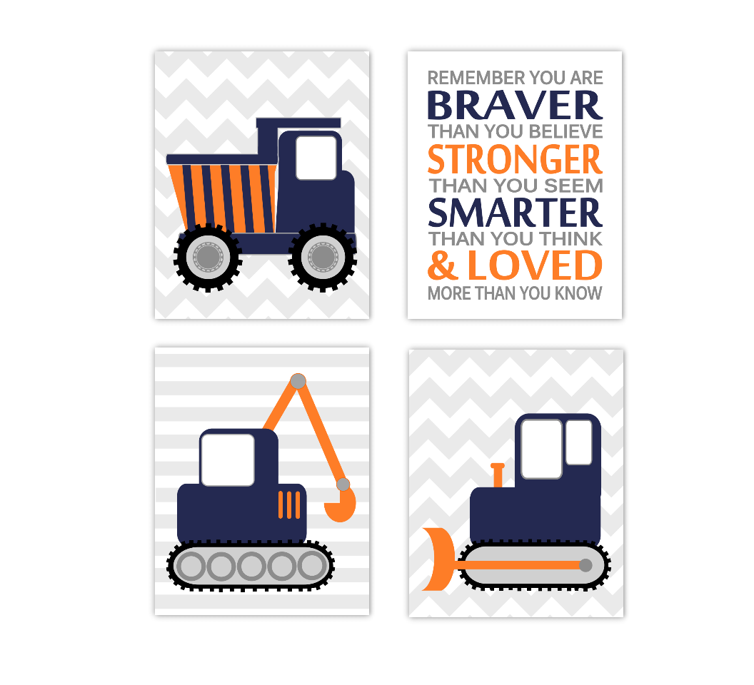 Baby Boy Nursery Art Construction Trucks Navy Blue Orange Tractor Dump Truck Remember You Are Braver Toddler Boy Bedroom SET OF 4 UNFRAMED PRINTS 01216