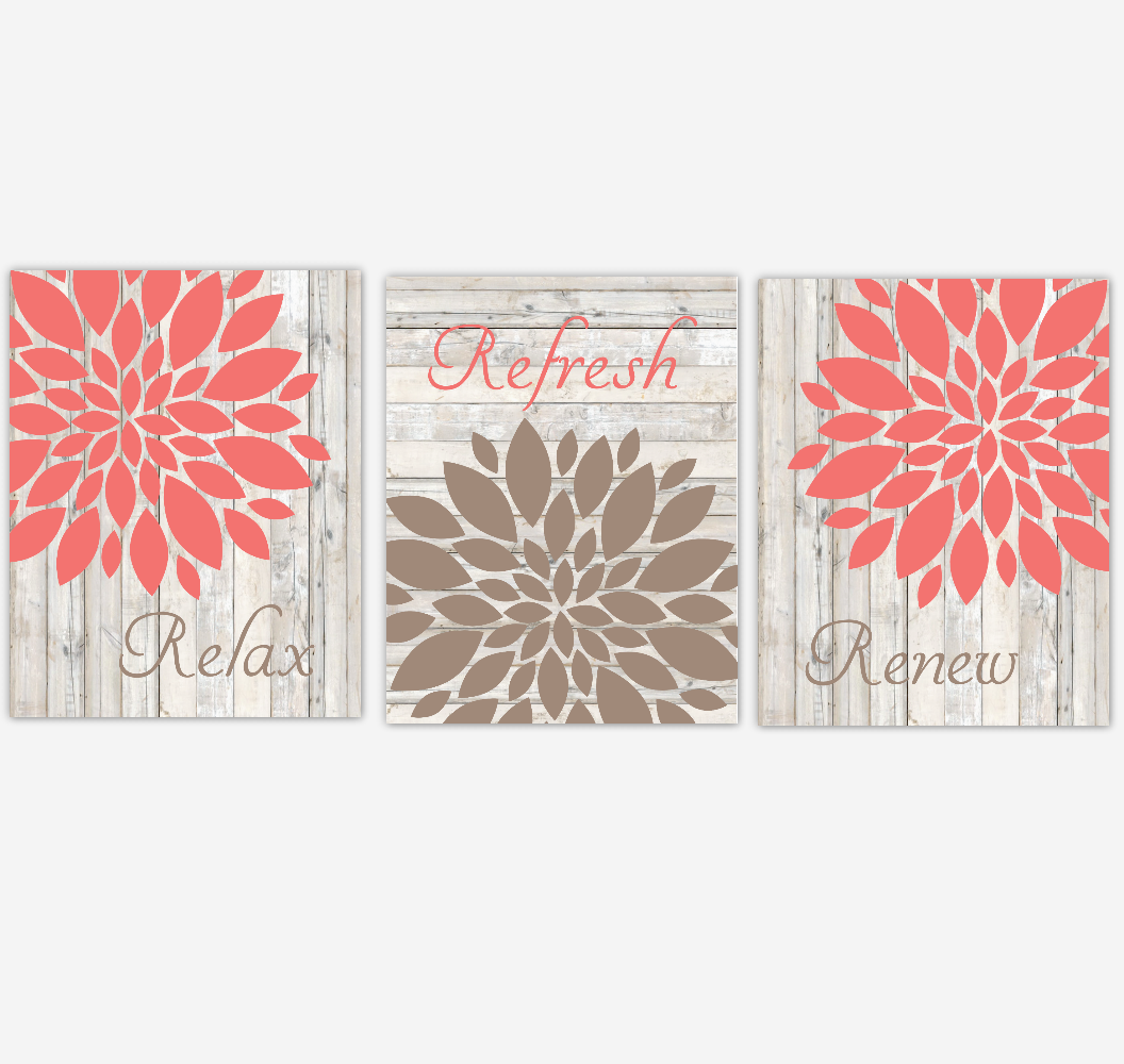 Coral Bath Art Dahlia Mums Flower Wall Art Home Decor Relax Refresh Renew Spa Bath Rustic Wood Farmhouse Style 01237