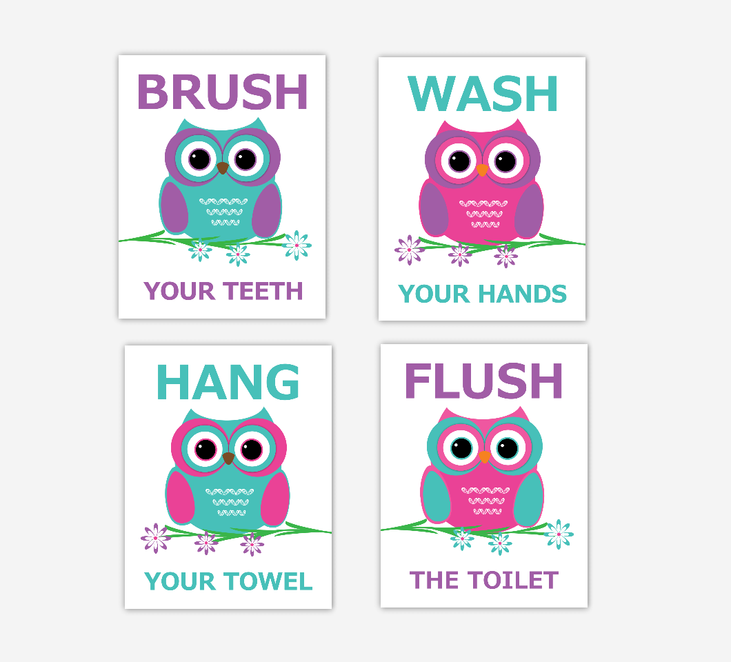 Owls Kids Bath Art Purple Teal Pink Brush Wash Hang Flush Bath Rules Decor SET OF 4 UNFRAMED PRINTS 01220