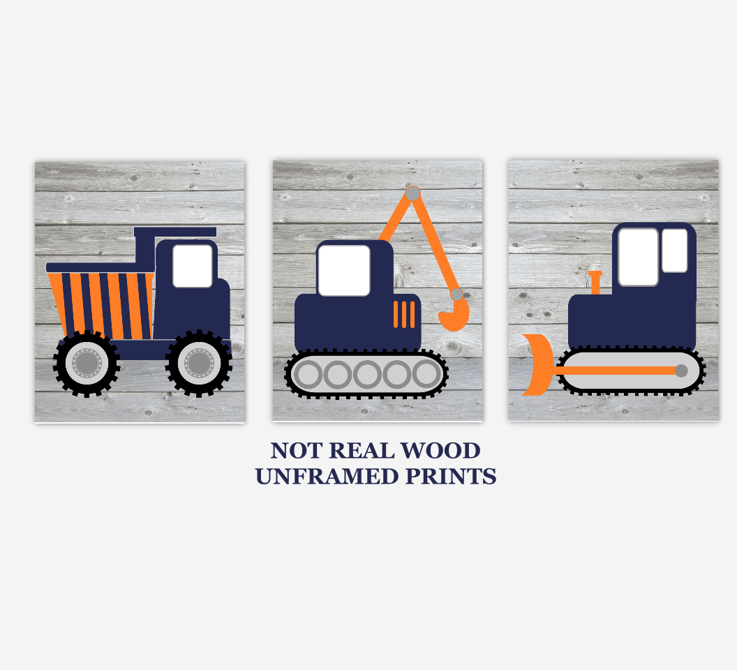 Construction Trucks Baby Boy Nursery Artwork Navy Blue Orange Rustic Wood Farmhouse Style Tractor Dump Truck Boy Bedroom Prints 01245