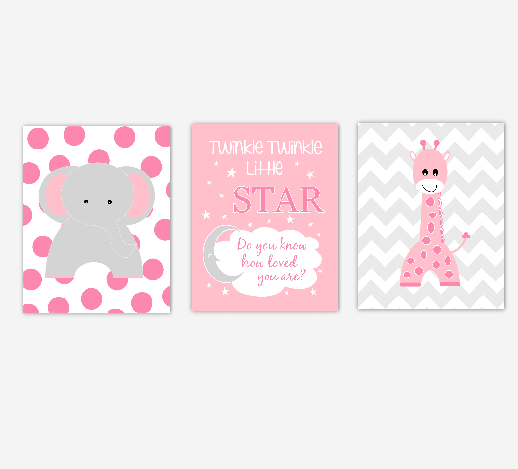 Baby Girl Nursery Art Pink Elephant Giraffe Twinkle Twinkle Little