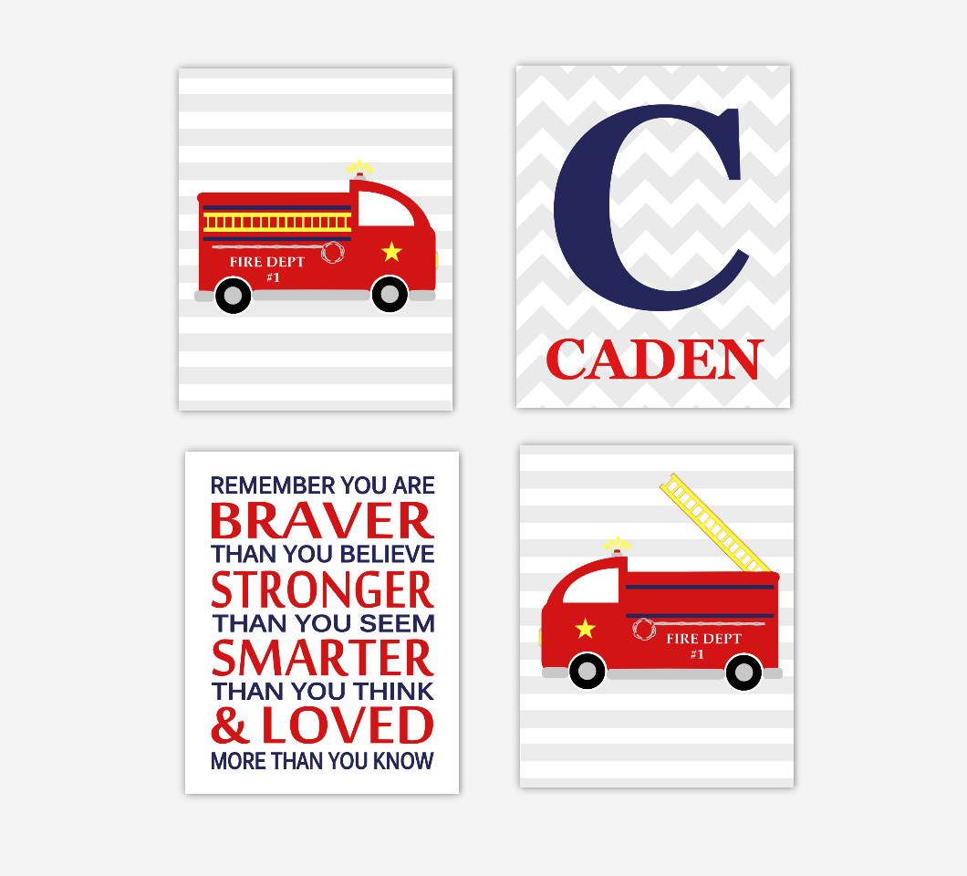 Baby Boy Nursery Decor Fire Trucks Fireman Monogram Name Boys Room Wall Decor Prints for Toddler Boys Baby Boy Nursery Decor Winnie The Pooh Quote You Are Braver SET OF 4 UNFRAMED PRINTS 00341