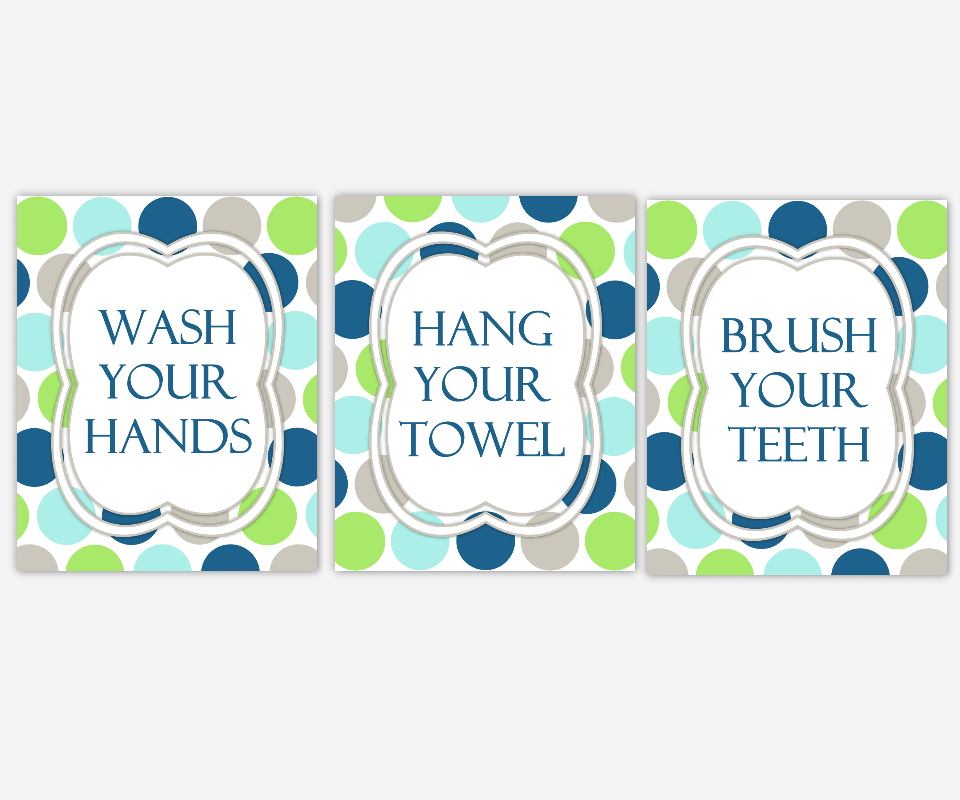 Kids Bath Wall Art Aqua Navy Blue Green Gray Wash Your Hands Brush Your Teeth Hang Your Towel Bathroom Rules Prints Bath Wall Prints Children's Bath Home Decor Bath Art SET OF 3 UNFRAMED PRINTS 00454