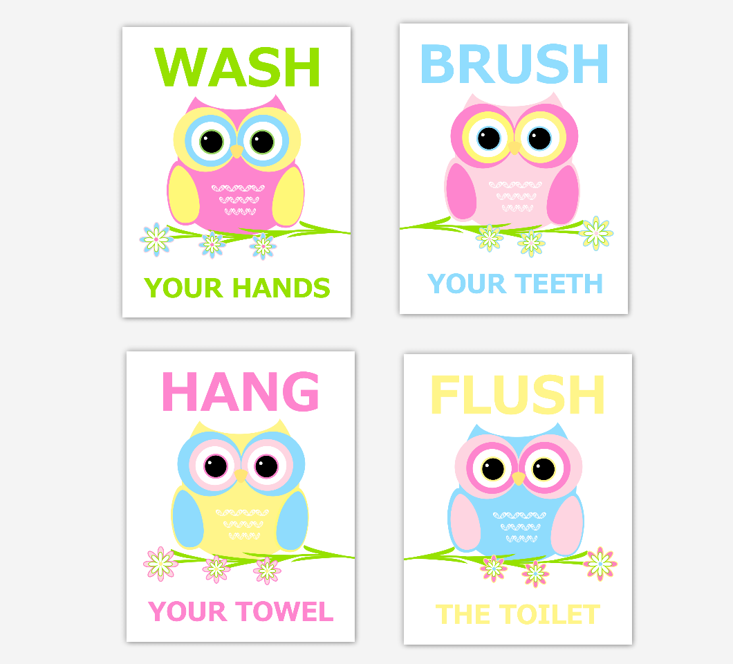 Owl Kids Bath Wall Art Pink Blue Yellow Wash Brush Hang Flush Children Bath Rules Artwork SET OF 4 UNFRAMED PRINTS 01437