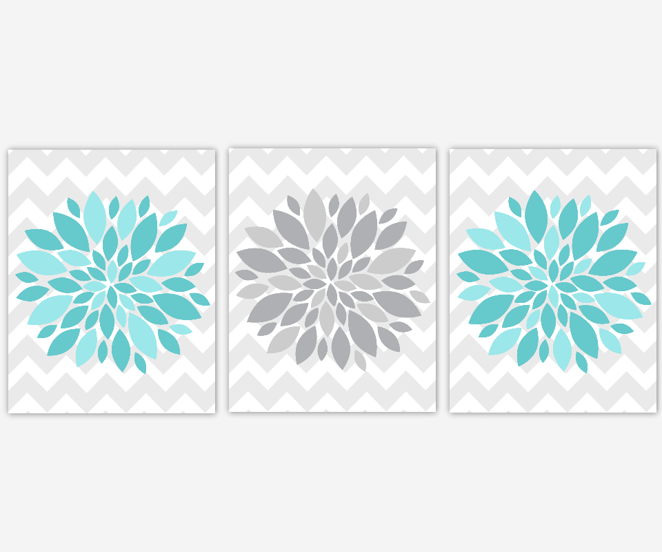 Flower Burst Prints Aqua Teal Gray Dahlias Floral Bath Art Girls Room Wall Art Baby Nursery Decor Spa Bath Flower Home Decor Chevron Wall Art Home Decor Prints SET OF 3 UNFRAMED PRINTS OR CANVAS 00404