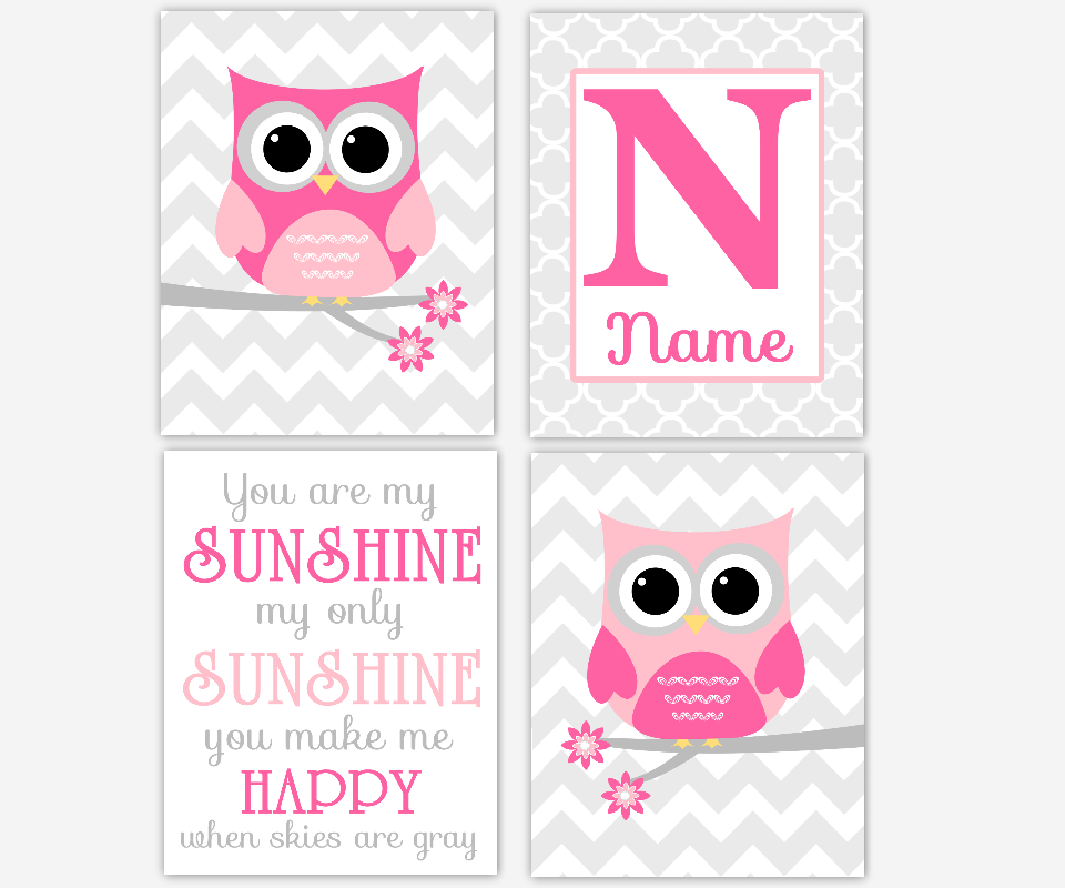 Baby Girl Nursery Wall Art Pink Gray Owl You Are My Sunshine