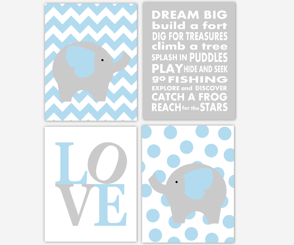 Baby Boy Nursery Wall Art Gray Blue Grey Elephants Safari Jungle