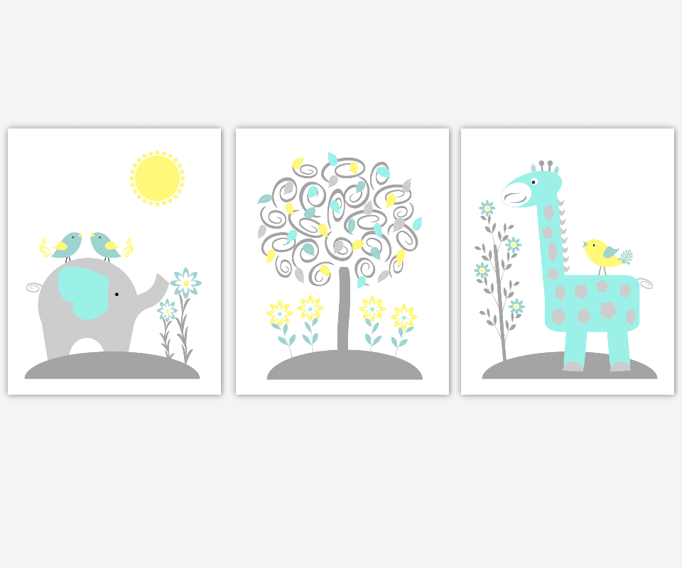 Baby Nursery Wall Art Gray Yellow Teal Aqua Grey Elephant Giraffe