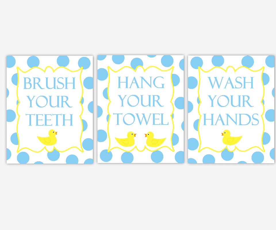 Kids Bath Wall Art Rubber Ducky Duck Yellow Blue Bubbles Brush Your Teeth Wash Your Hands Hang Your Towel Bathroom Rules Prints Children's Bathroom Prints Home Decor Bath SET OF 3 UNFRAMED PRINTS 00455