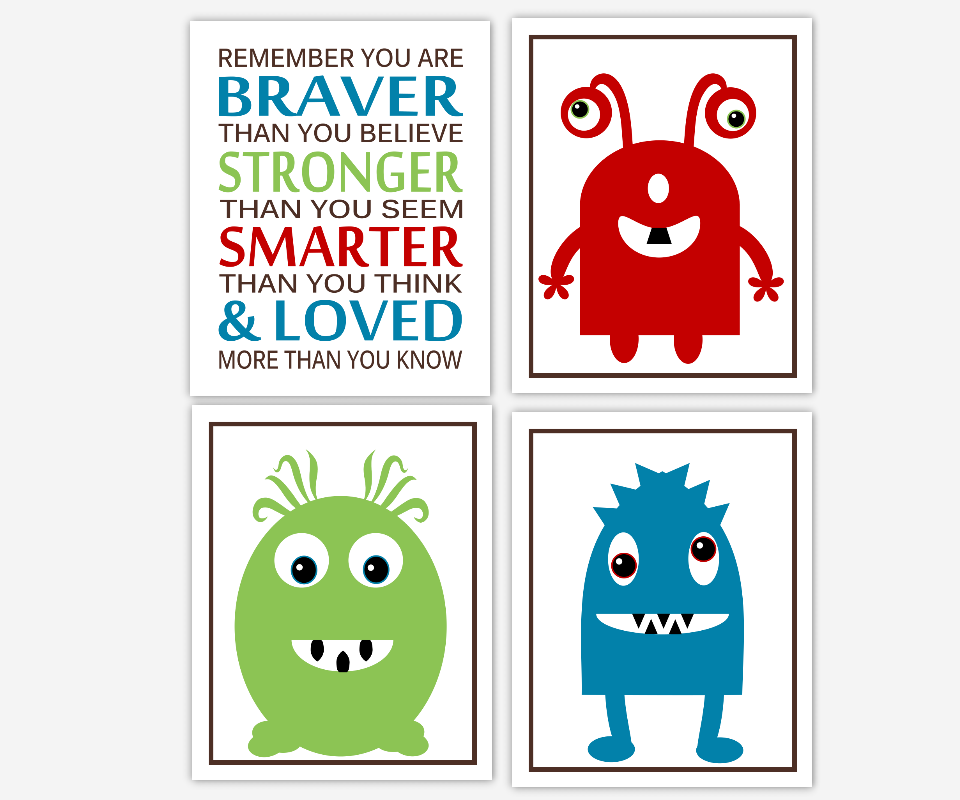 Monster Baby Boy Nursery Wall Art Blue Green Red You Are Braver