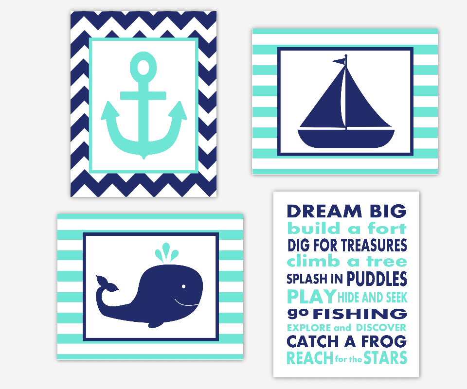 Nautical Boy Nursery Wall Art Navy Blue Aqua Dream Big Whale Boat Anchor Boy Room Wall Decor Nautical Decor Baby Nursery Decor SET OF 4 UNFRAMED PRINTS 00693