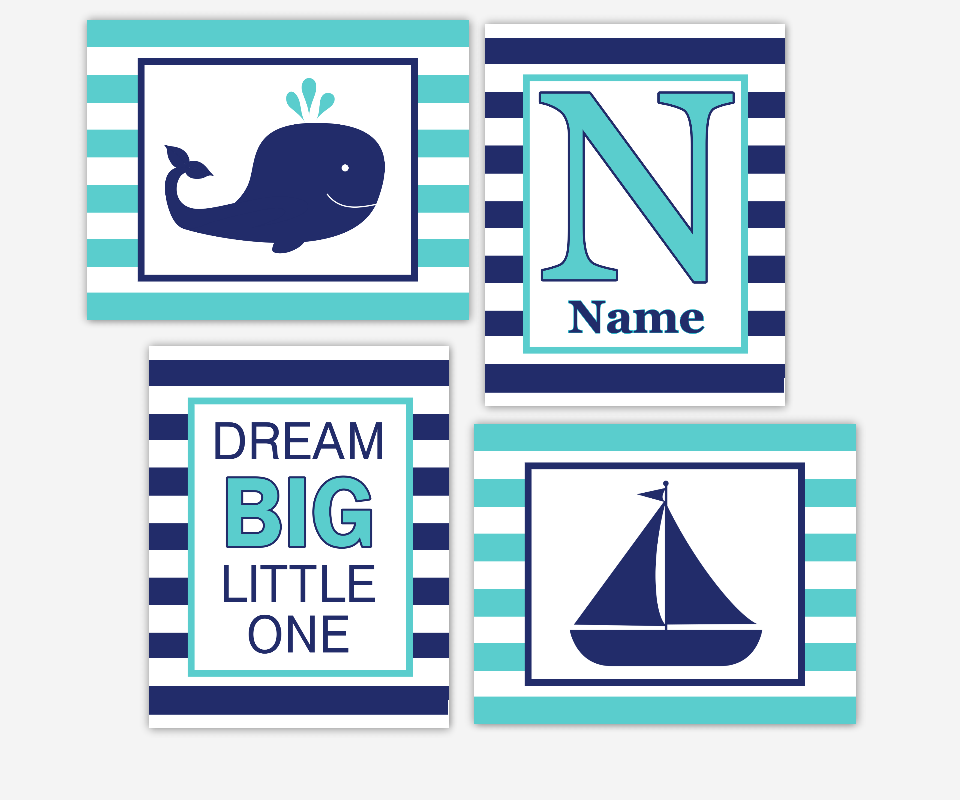 NAUTICAL Baby Boy Nursery Wall Art Navy Blue Turquoise Teal Whale Boat Personalized Art Dream Big Boy Room Wall Decor Whale Wall Decor Print 00584