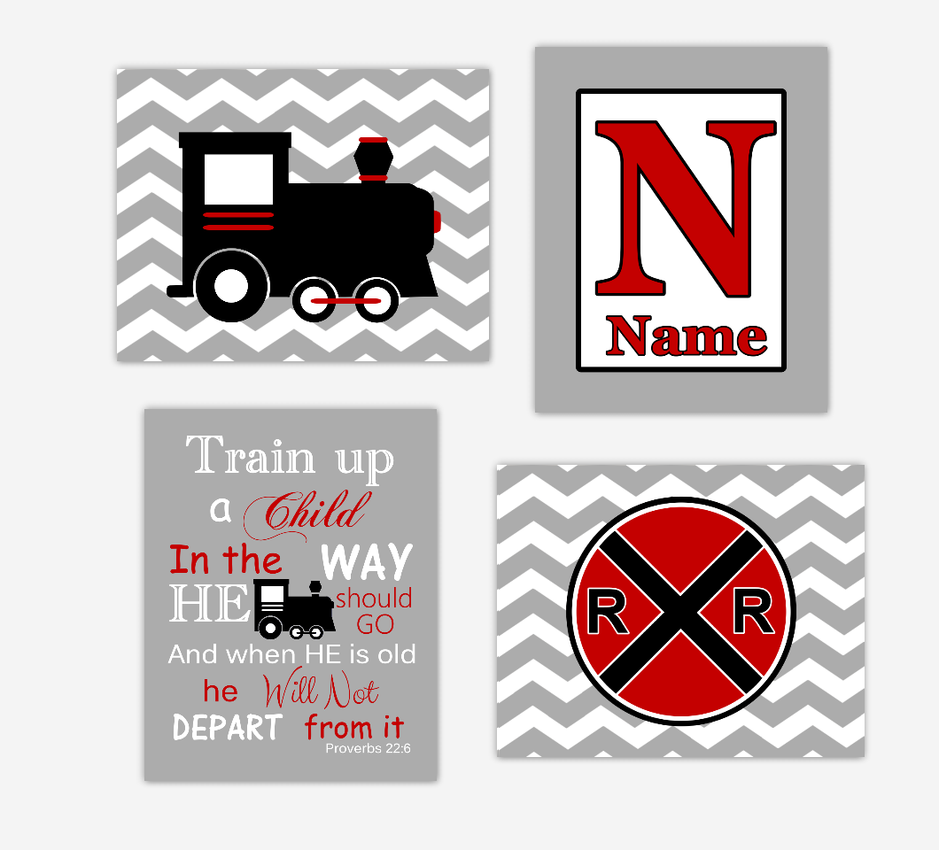 Train Baby Boy Nursery Wall Art Red Black Train Railroad Sign Train Up Proverb Personalized Chevron Toddler Boy Bedroom 01605