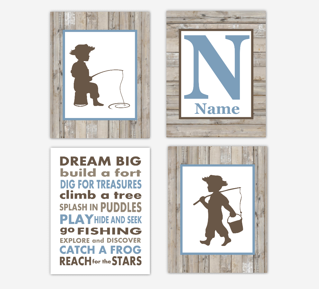 Fishing Baby Boy Nursery Wall Art Blue Gray Rustic Personalized