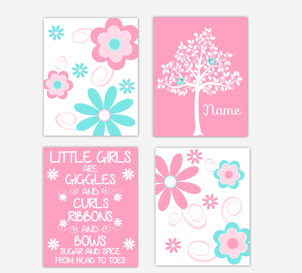 Floral Baby Girl Nursery Art Pink Aqua Teal Personalized Flower Prints Little Girl Giggles and Curls 01611