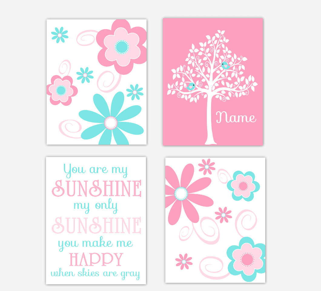 Floral Baby Girl Nursery Art Pink Aqua Teal Personalized Flower Prints You Are My Sunshine Baby Nursery Decor 01612