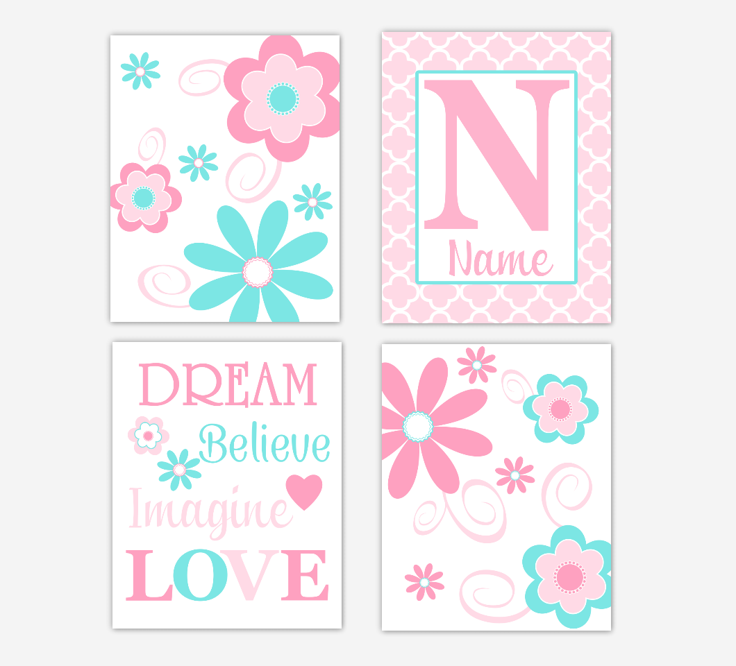 Floral Baby Girl Nursery Art Pink Aqua Teal Personalized Flower Prints Dream Believe Imagine LOVE Baby Nursery Decor 01613