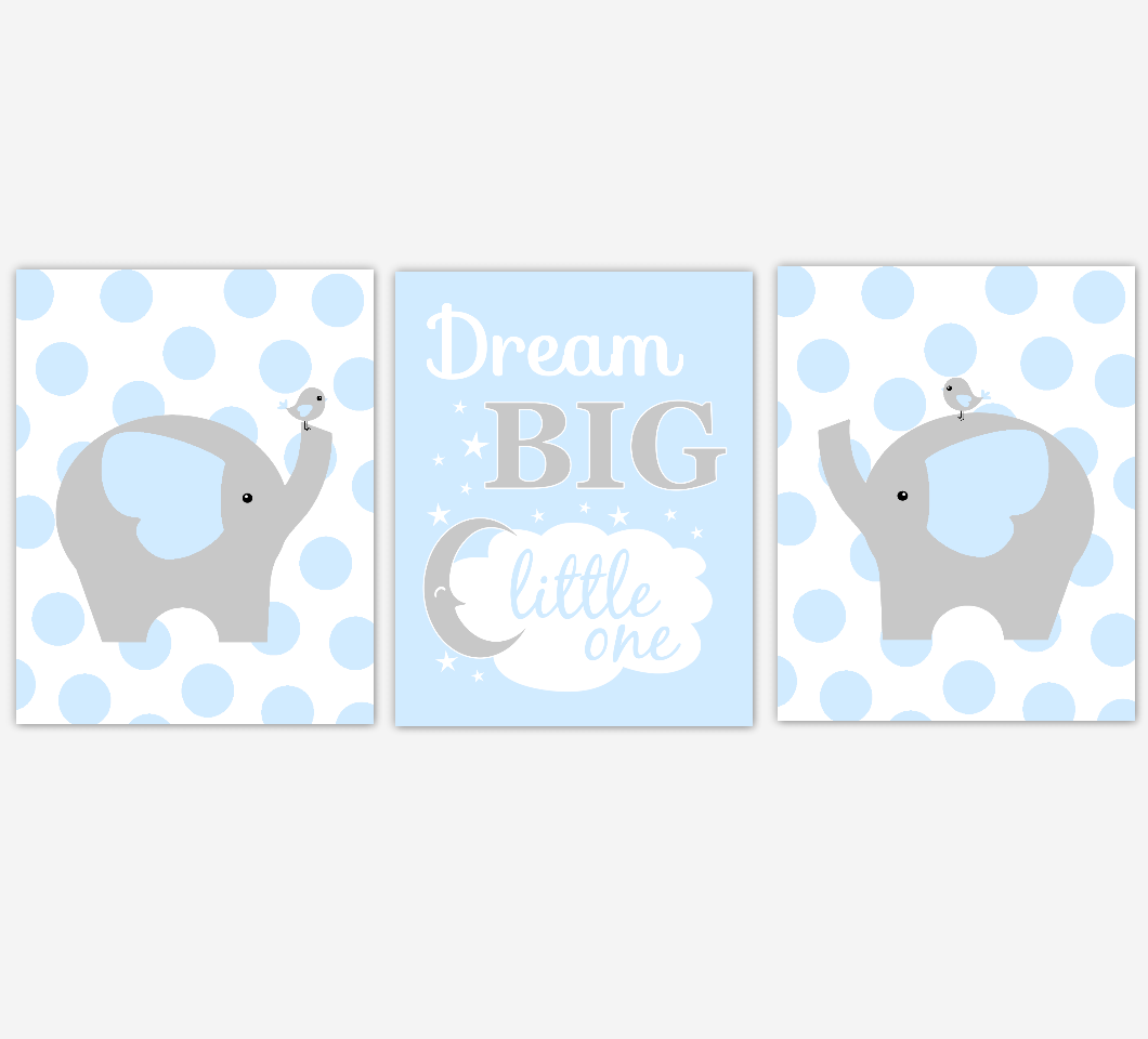 Baby Boy Nursery Wall Art Blue Gray Elephant Jungle Safari Animals Dream Big Baby Nursery Decor 01620