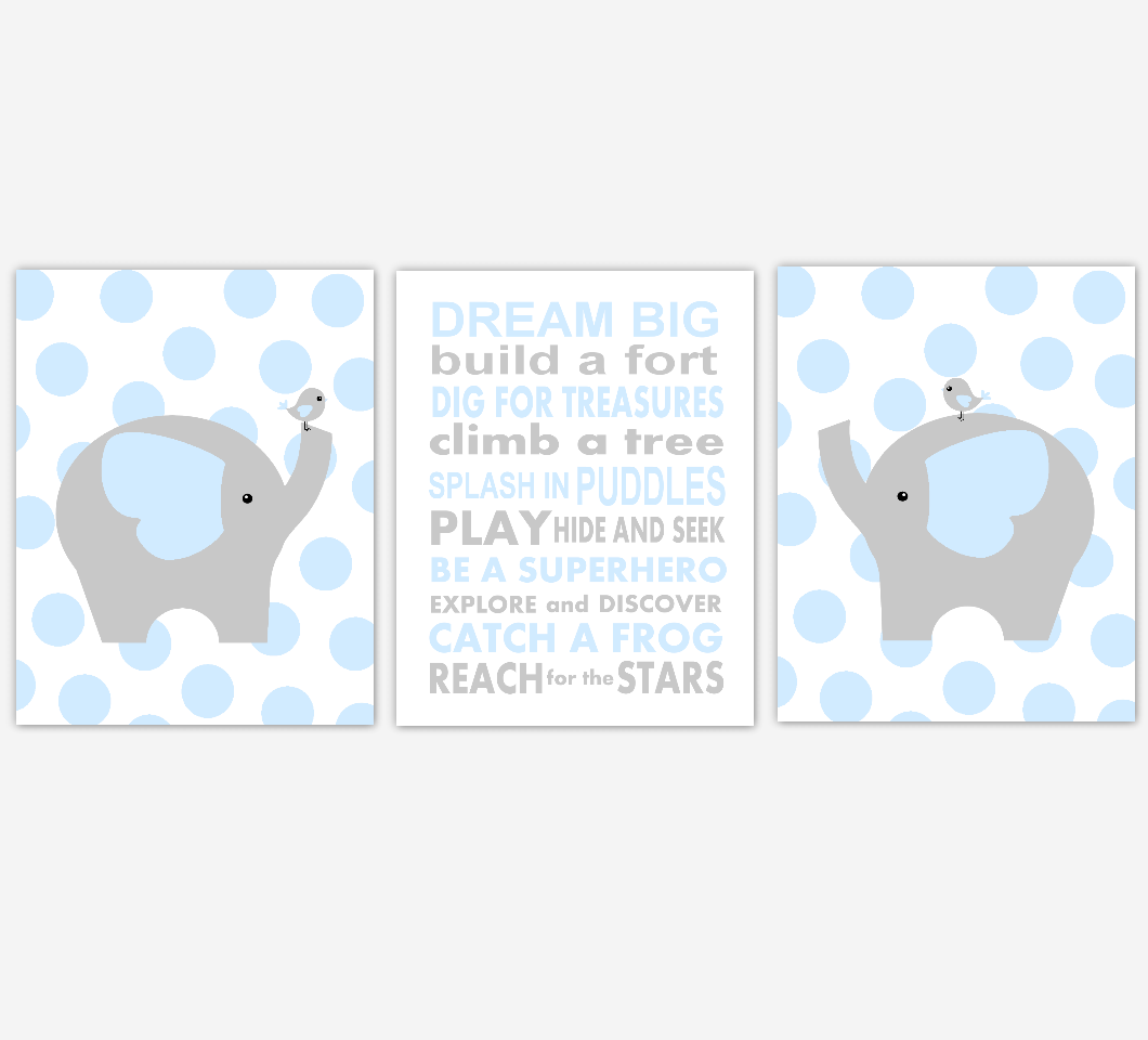 Baby Boy Nursery Wall Art Blue Gray Elephant Jungle Safari Animals Dream Big Baby Nursery Decor 01621