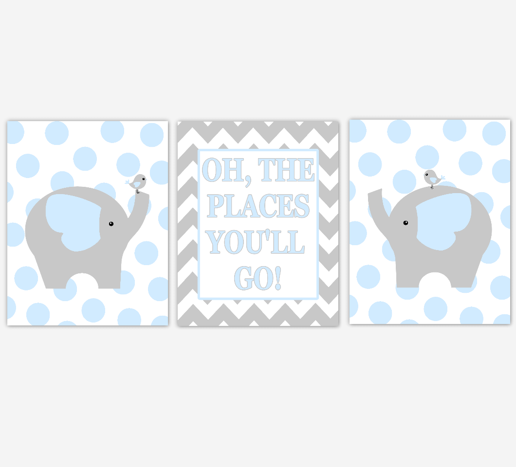 Baby Boy Nursery Wall Art Blue Gray Elephant Jungle Safari Animals Oh The Places You'll Go Baby Nursery Decor 01622