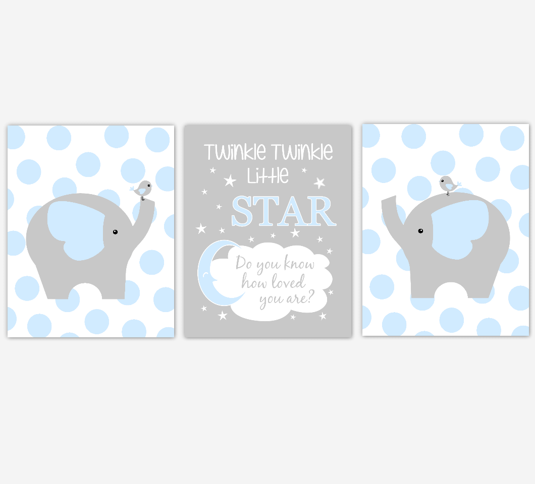 Baby Boy Nursery Wall Art Blue Gray Elephant Jungle Safari Animals Twinkle Little Star Baby Nursery Decor 01623