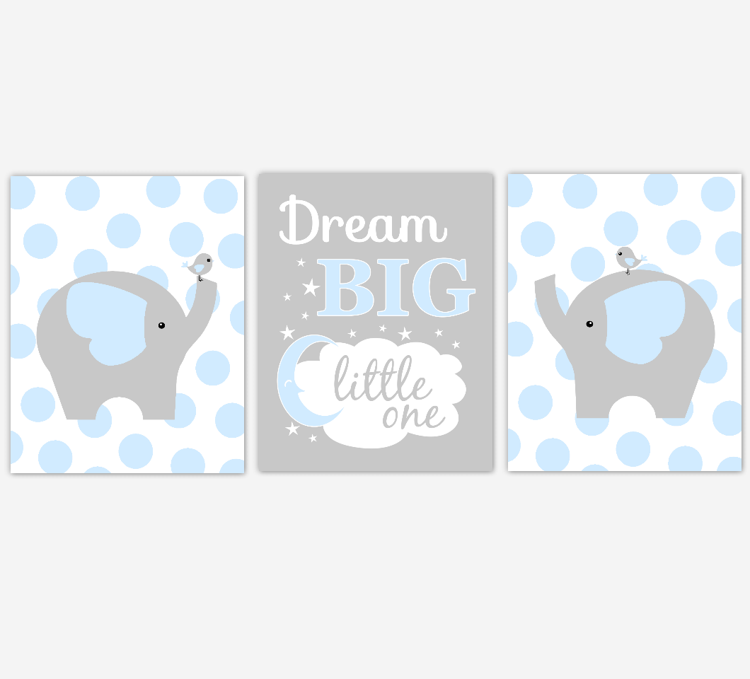 Baby Boy Nursery Wall Art Blue Gray Elephant Jungle Safari Animals Dream Big Little One Baby Nursery Decor 01624