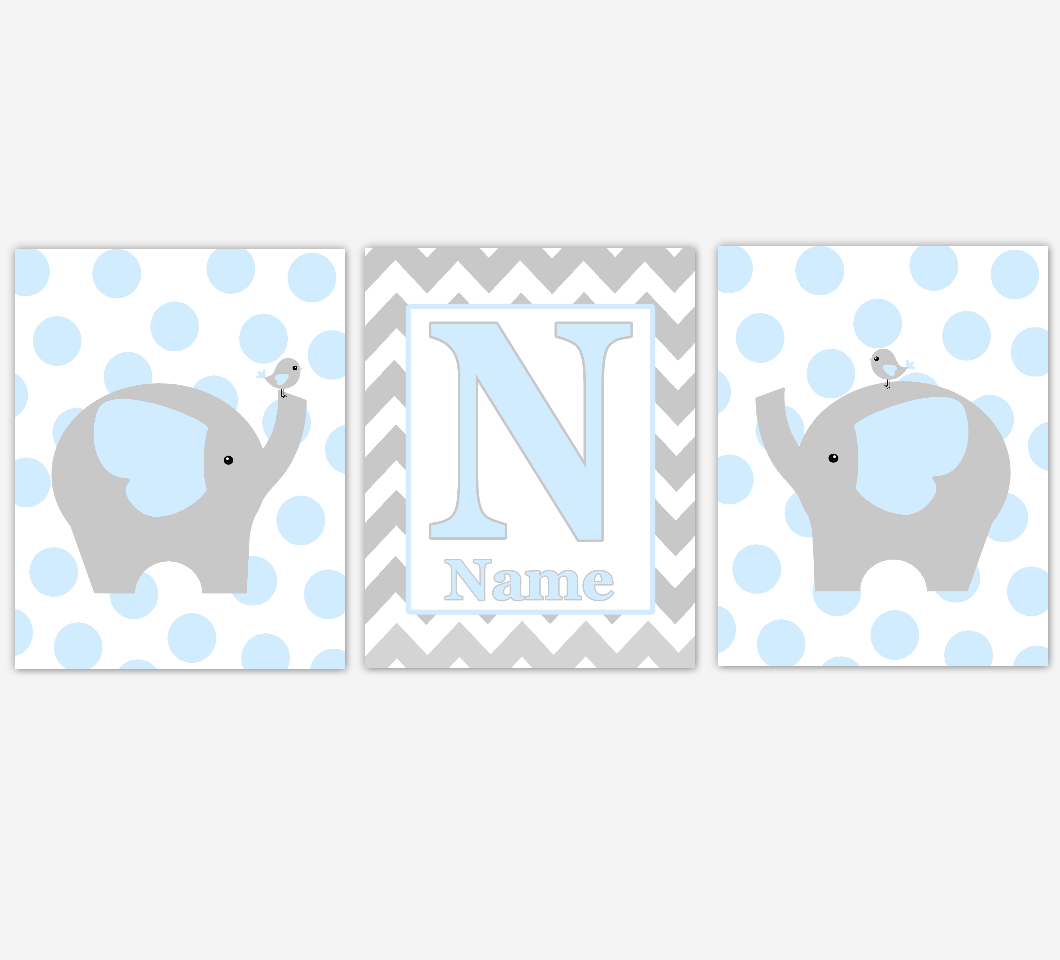 Elephant Baby Boy Nursery Art Blue Gray Personalized Name Print Baby Nursery Decor 01625