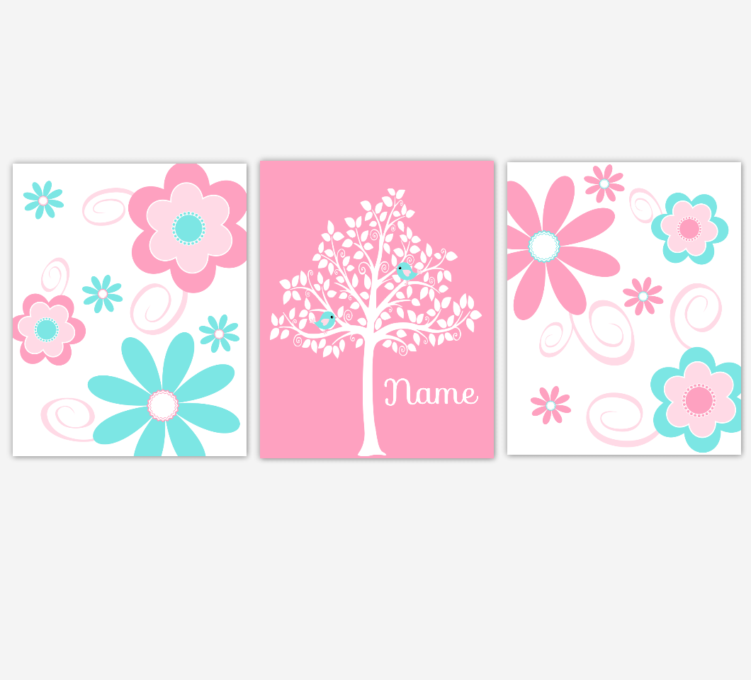 Baby Girl Nursery Art Pink Aqua Flowers Floral Personalized Tree Print Baby Nursery Decor Baby Nursery Decor 01626