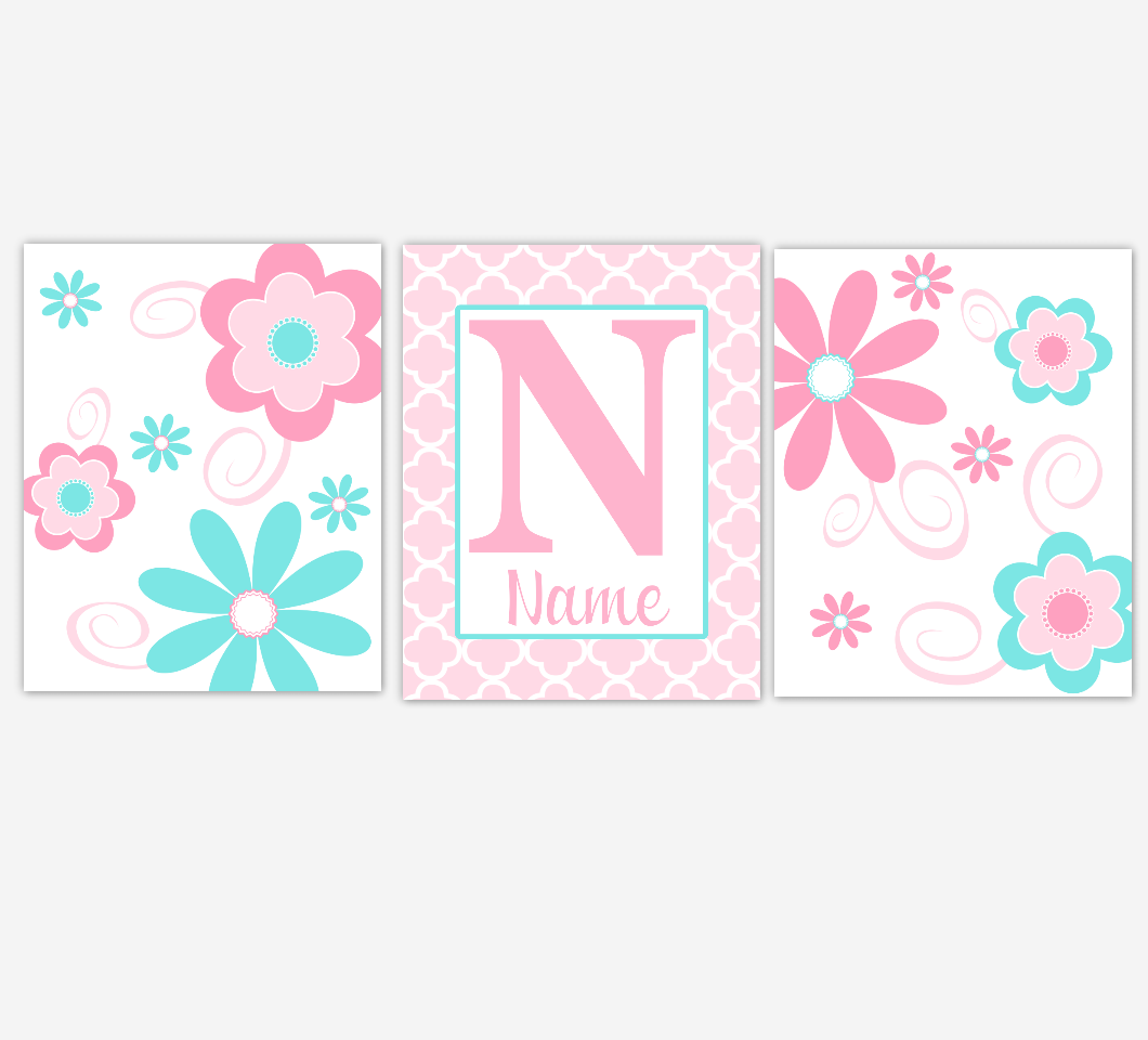 Baby Girl Nursery Art Pink Aqua Flowers Floral Personalized Print Baby Nursery Decor Baby Nursery Decor 01627