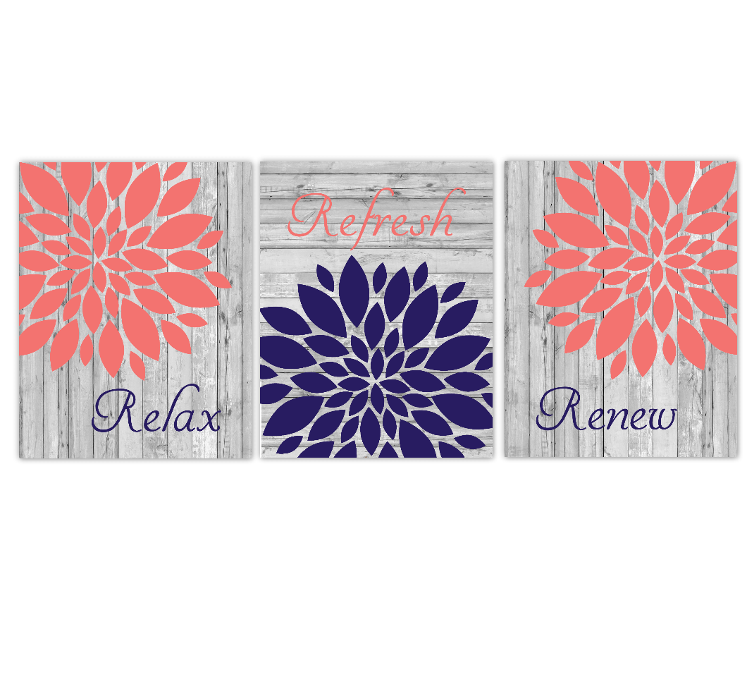 Coral Navy Blue Bathroom Wall Art Mum Dahlia Flower Floral Relax Refresh Renew Rustic Farmhouse Style Theme Prints Spa Bath 01635