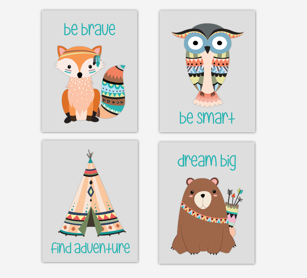 Tribal Baby Nursery Wall Art Fox Owl Bear Teepee Woodland Baby Boy Nursery Decor Prints 01637