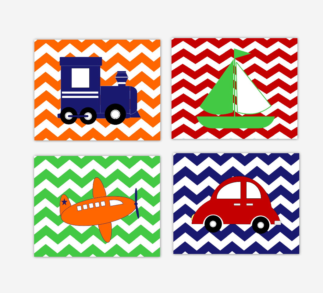 Transportation Baby Boy Nursery Art Red Blue Green Orange Train Plane Car Sailboat Toddler Bedroom Prints Baby Nursery Decor 01639