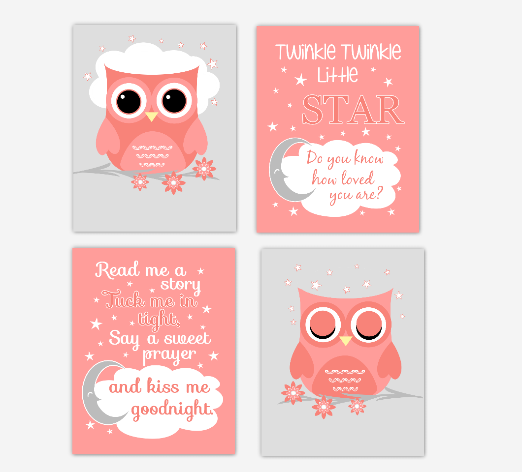 Coral Baby Girl Nursery Decor Owls Read Me A Story Twinkle Little Star Baby Nursery Decor 01643