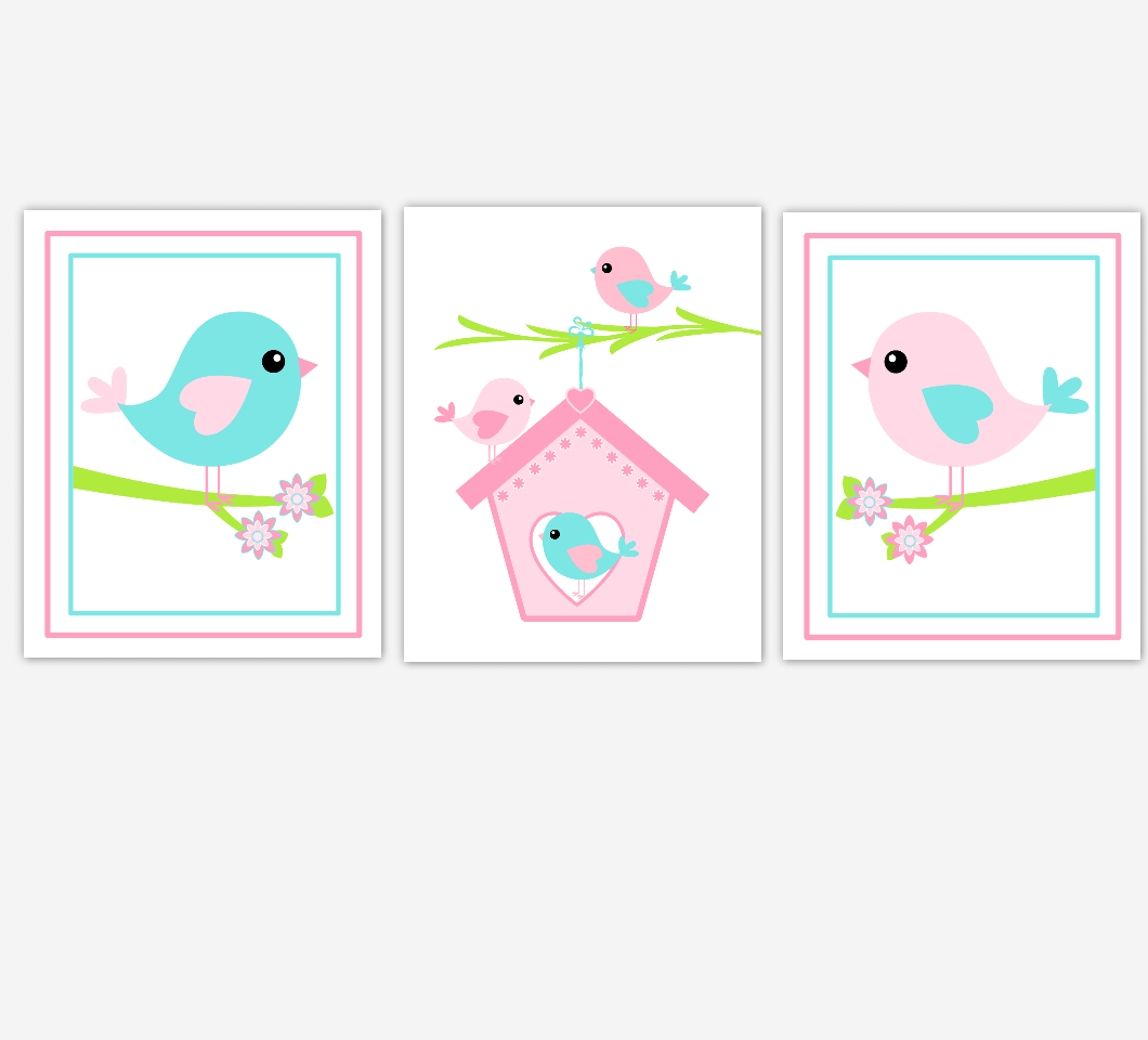 Baby Girl Nursery Wall Art Pink Aqua Birds Birdhouse Baby Nursery Decor 01644