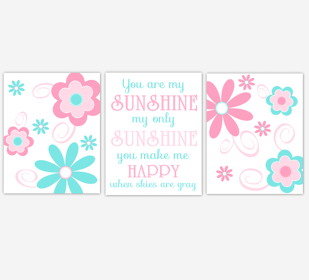 Baby Girl Nursery Wall Art Pink Aqua Flowers Floral You Are My Sunshine Print Baby Nursery Decor 01645